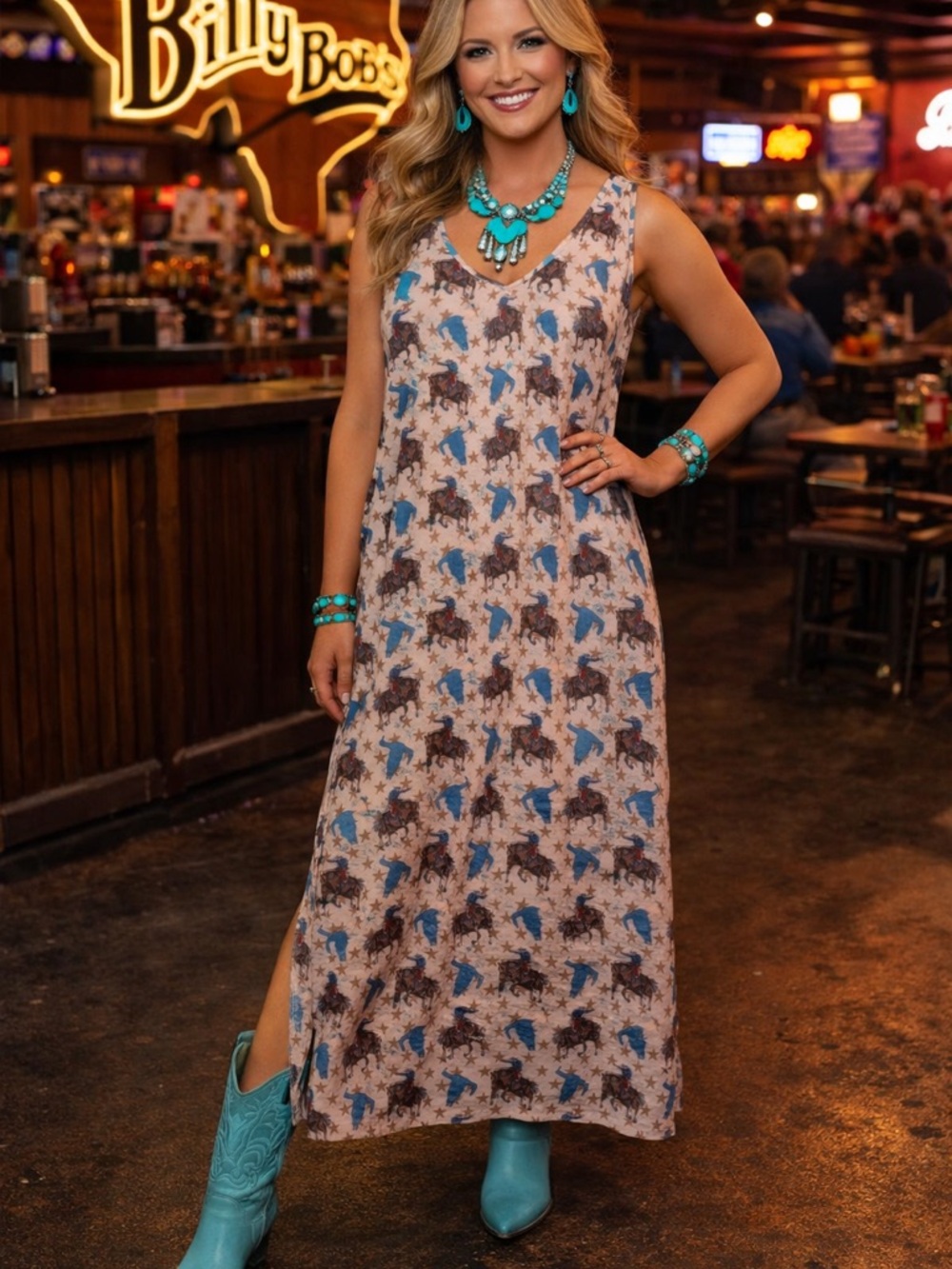 Sleeveless Western Print Maxi Dress in Beige and Turquoise